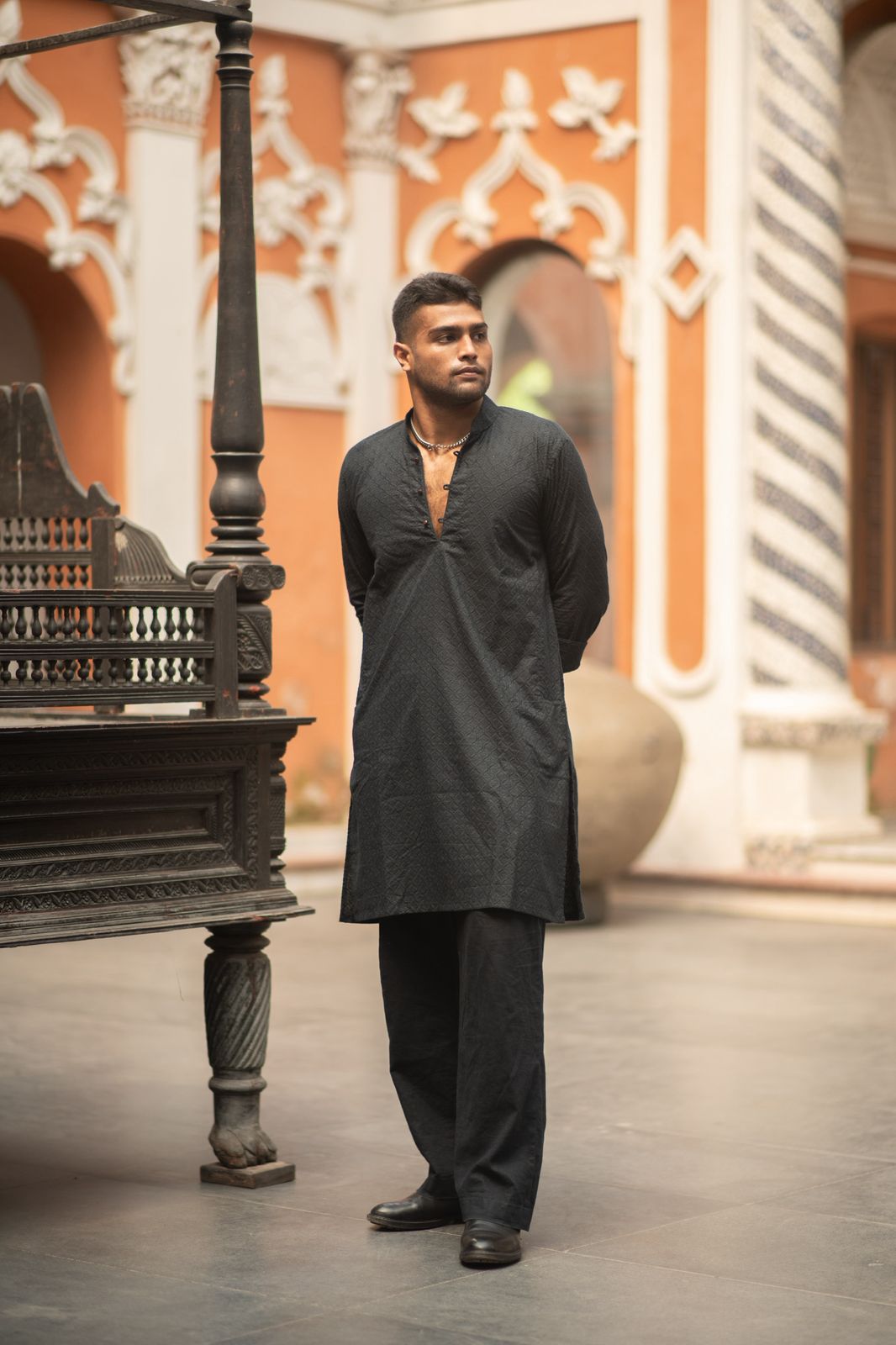 Siyah - Dark Slate Blue Textured Chikankari Cotton